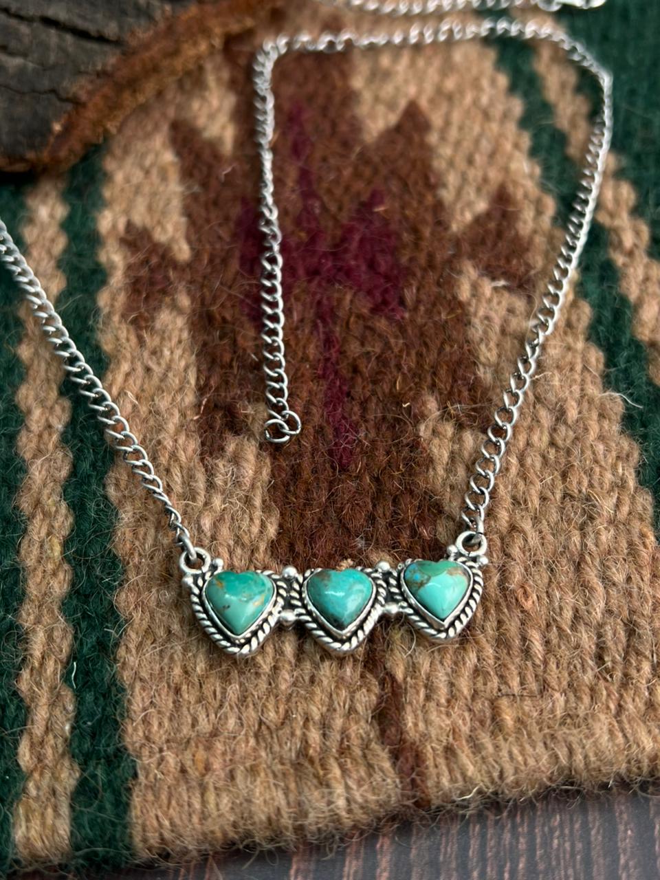 "Heart Collection" Handmade Sterling Silver Kingman Turquoise Necklace "Signed Nizhoni" Nizhoni Traders LLC
