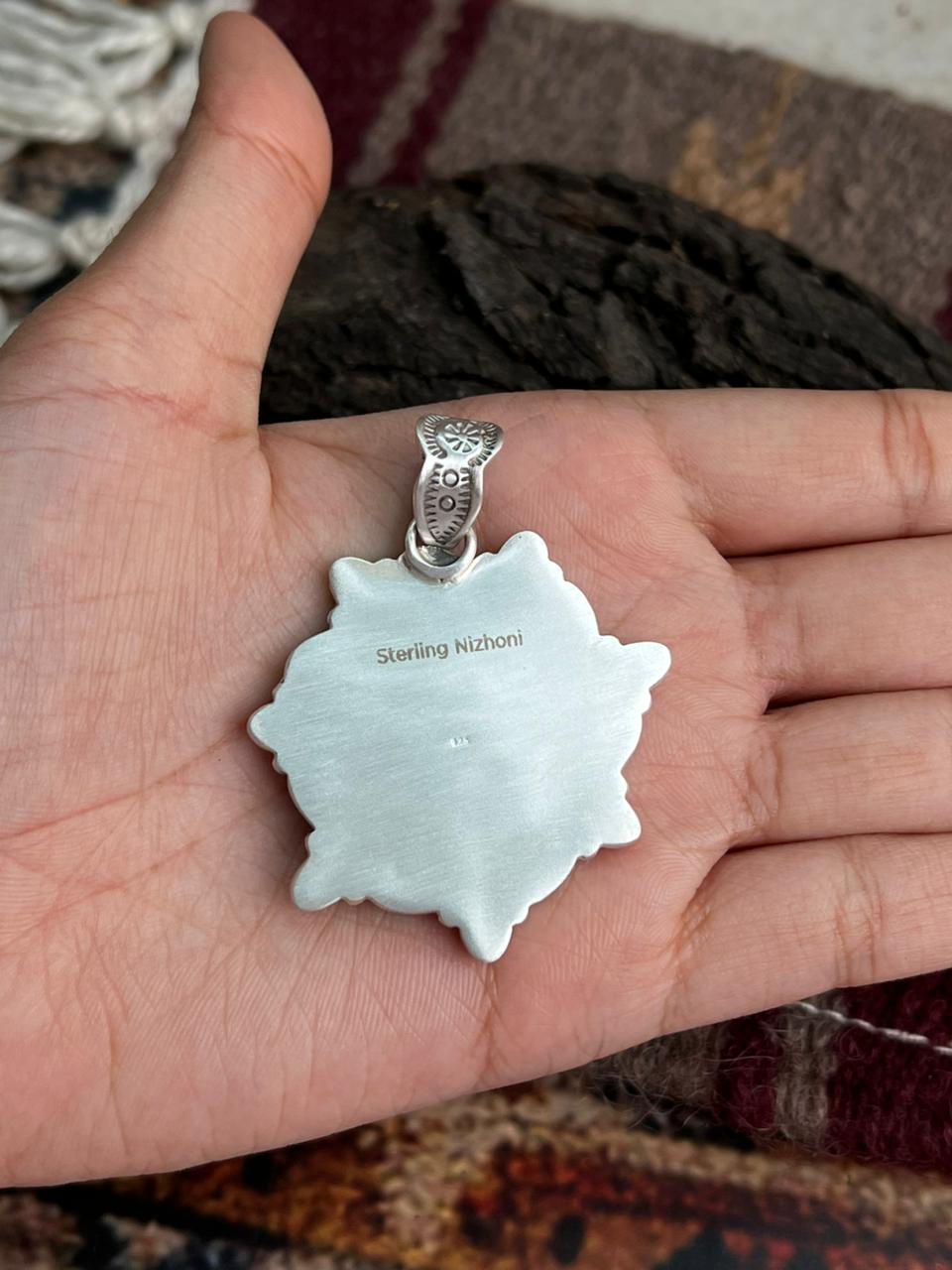 Handmade Sterling Silver Dahlia Rose with Emerald Valley Turquoise Pendant "Signed Nizhoni" Nizhoni Traders LLC