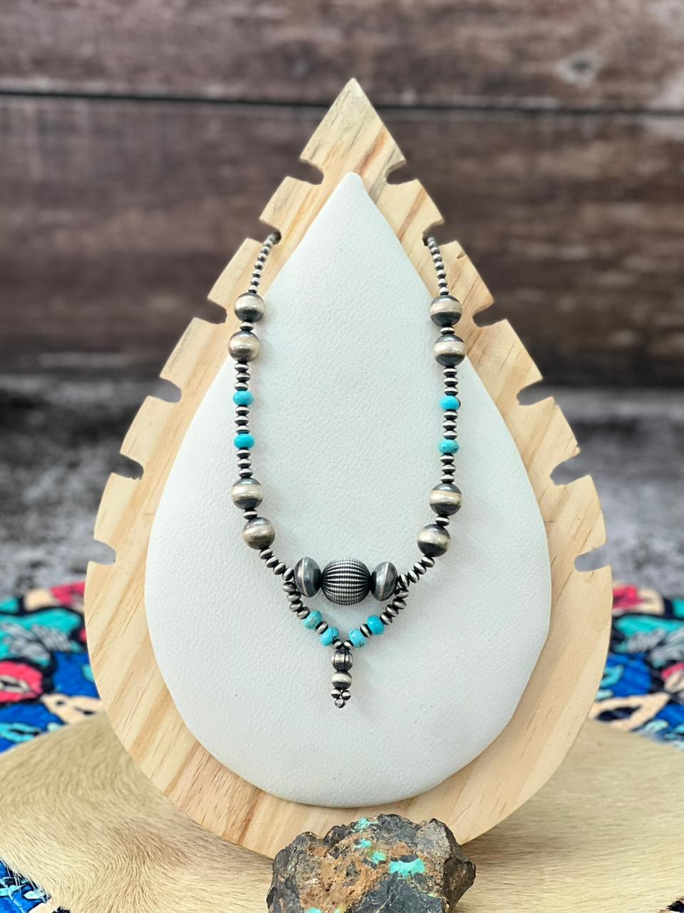 Handmade Sterling Silver Beaded Kingman Turquoise Necklace "Signed Nizhoni" Nizhoni Traders LLC
