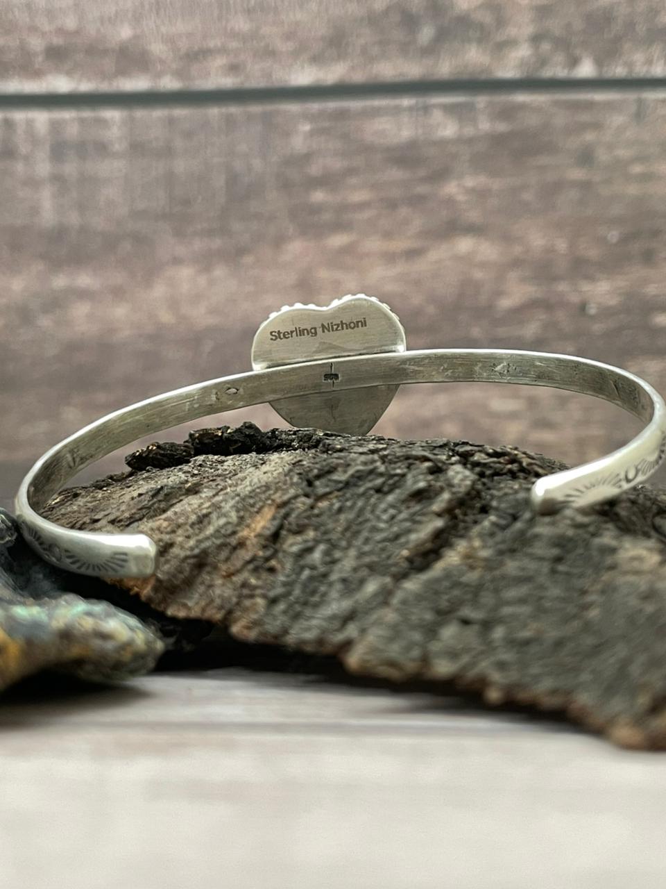 Handmade Sterling Silver White Buffalo Heart Cuff Bracelet "Signed Nizhoni" Nizhoni Traders LLC