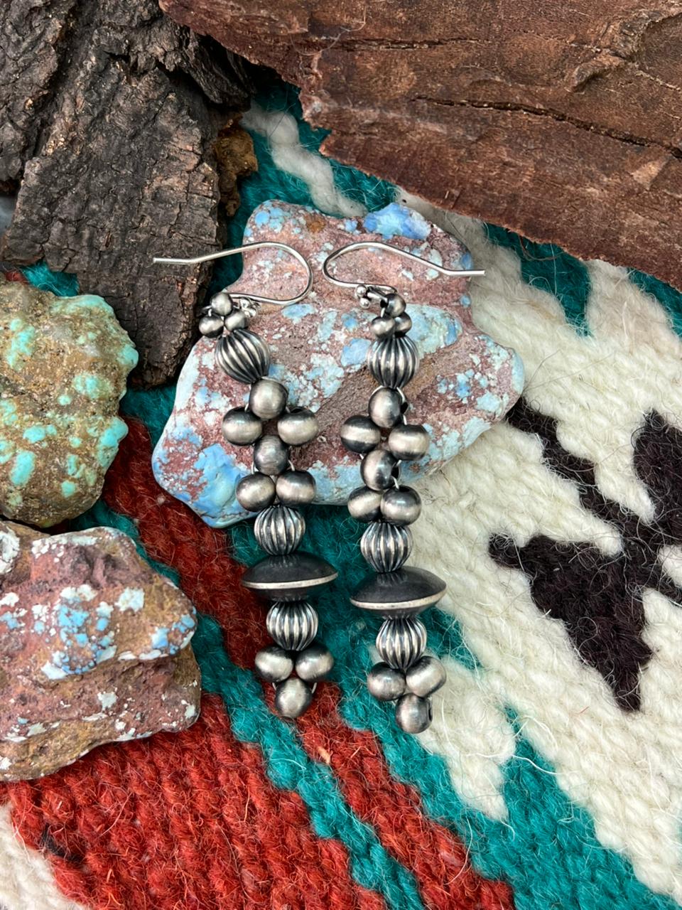 Handmade Sterling Silver Beaded Dangle Hook Earrings (9) Nizhoni Traders LLC