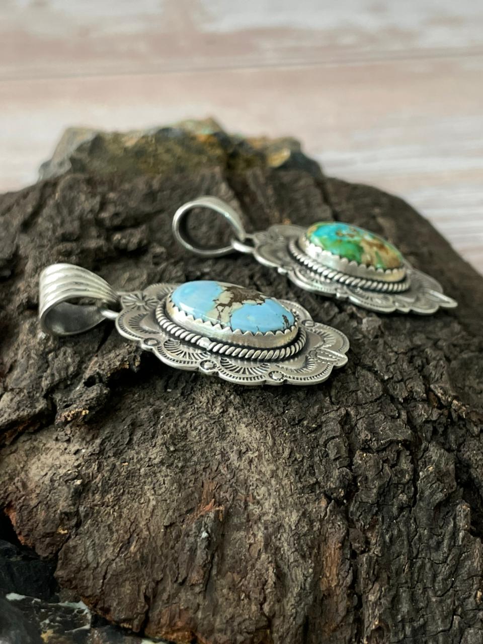 Handmade Sterling Silver Sonoran Mountain Turquoise, Golden Hills Turquoise Pendant " Signed Nizhoni" Nizhoni Traders LLC