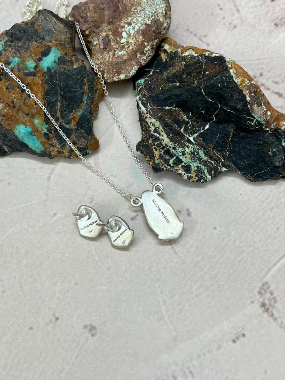 Handmade Sterling Silver White Buffalo Necklace Earrings Set "Signed Nizhoni" Nizhoni Traders LLC