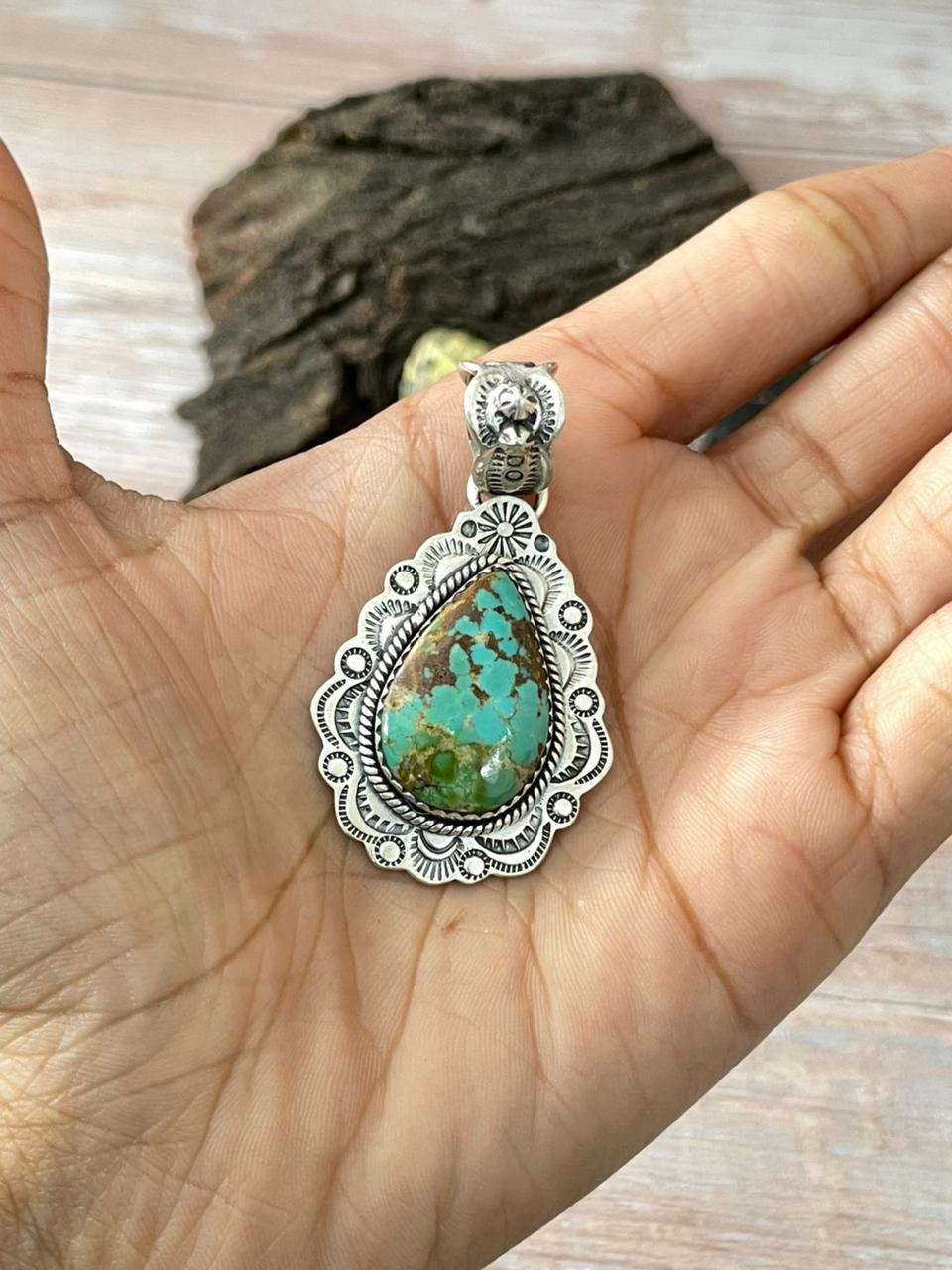 Handmade Sterling Silver Mantis Turquoise Pendant " Signed Nizhoni" Nizhoni Traders LLC