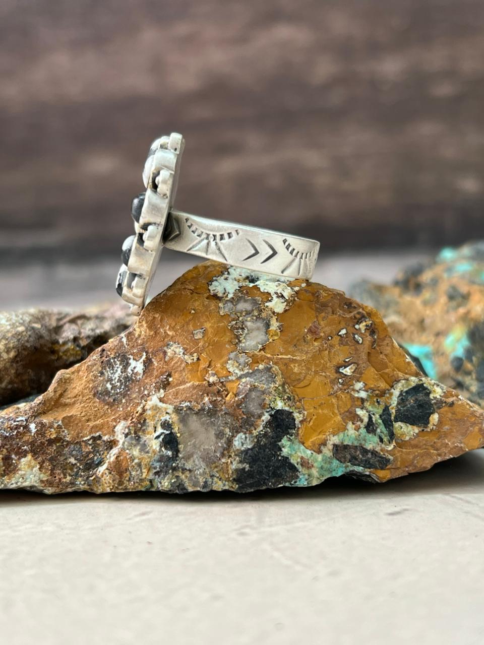 Handmade Sterling Silver White Buffalo Turquoise Adjustable Ring "Signed Nizhoni" Nizhoni Traders LLC