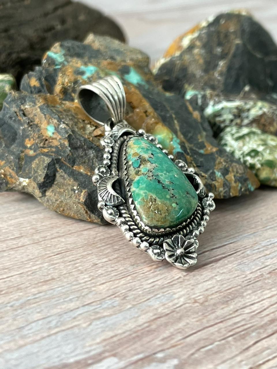 Handmade Sterling Silver Mantis Turquoise Pendant " Signed Nizhoni" Nizhoni Traders LLC