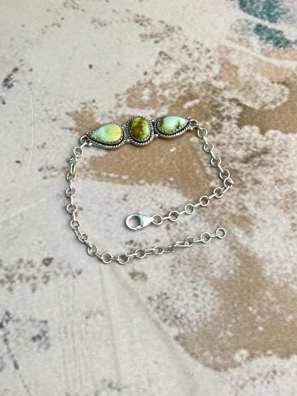 Handmade Sterling Silver Palomino Turquoise Chain Bracelet "Signed Nizhoni" Nizhoni Traders LLC