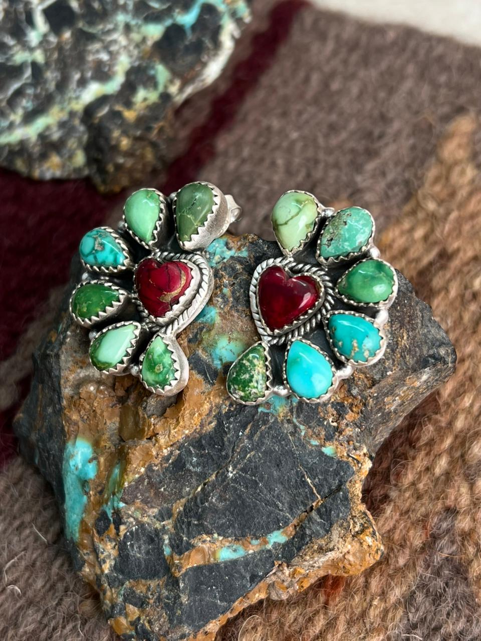 Handmade Sterling Silver Dahlia Rose with Emerald Valley Turquoise Post Earrings "Signed Nizhoni" Nizhoni Traders LLC