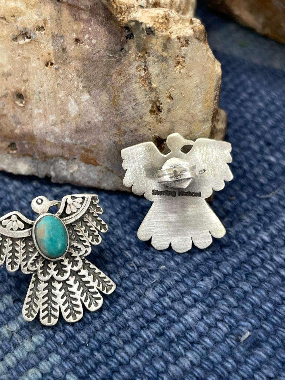 Handmade Sterling Silver Kingman Turquoise Thunder Bird Post Earrings "Signed Nizhoni" Nizhoni Traders LLC
