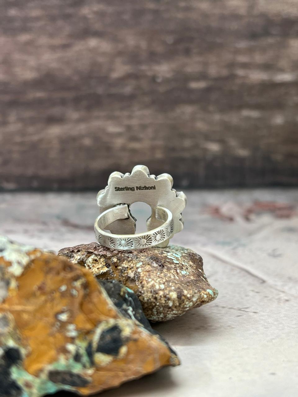 Handmade Sterling Silver White Buffalo Turquoise Naja Adjustable Ring "Signed Nizhoni" Nizhoni Traders LLC