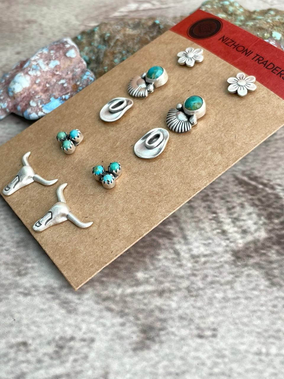 Handmade Sterling Silver Kingman Turquoise Post Studs Set (Card) Earrings Nizhoni Traders LLC
