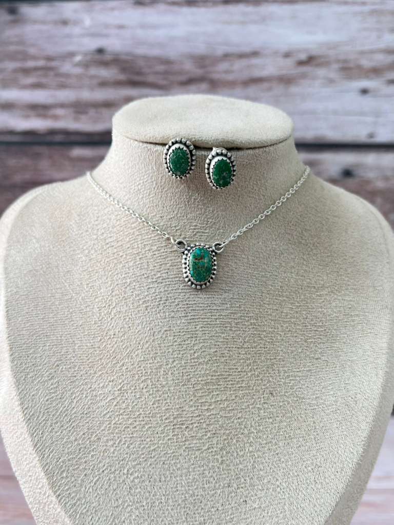 Handmade Sterling Silver Emerald Valley Turquoise Necklace Earrings Set with Signed Nizhoni (2) Nizhoni Traders LLC