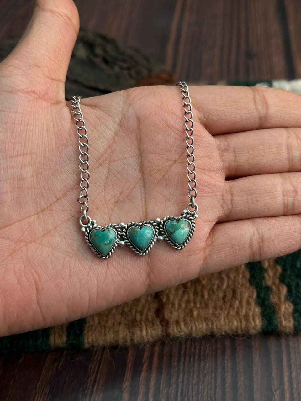 "Heart Collection" Handmade Sterling Silver Kingman Turquoise Necklace "Signed Nizhoni" Nizhoni Traders LLC