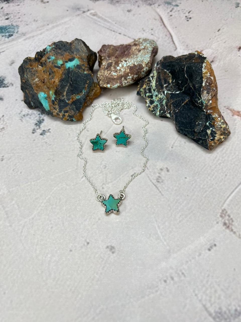 Handmade Sterling Silver Kingman Turquoise Necklace Earrings Set "Signed Nizhoni" Nizhoni Traders LLC