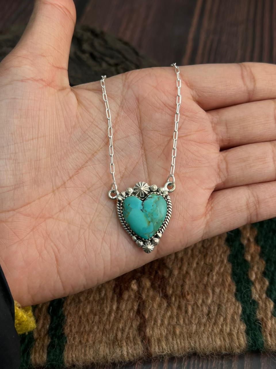 "Heart Collection" Handmade Sterling Silver Kingman Turquoise Necklace "Signed Nizhoni" Nizhoni Traders LLC