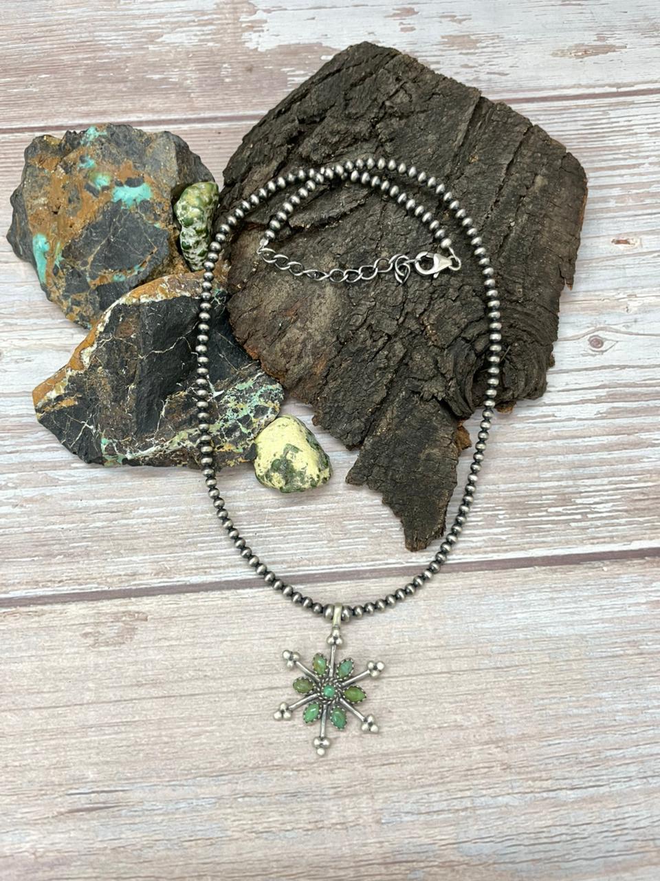 Handmade Sterling Silver Kingman Turquoise Beaded Necklace "Signed Nizhoni" (9) Nizhoni Traders LLC