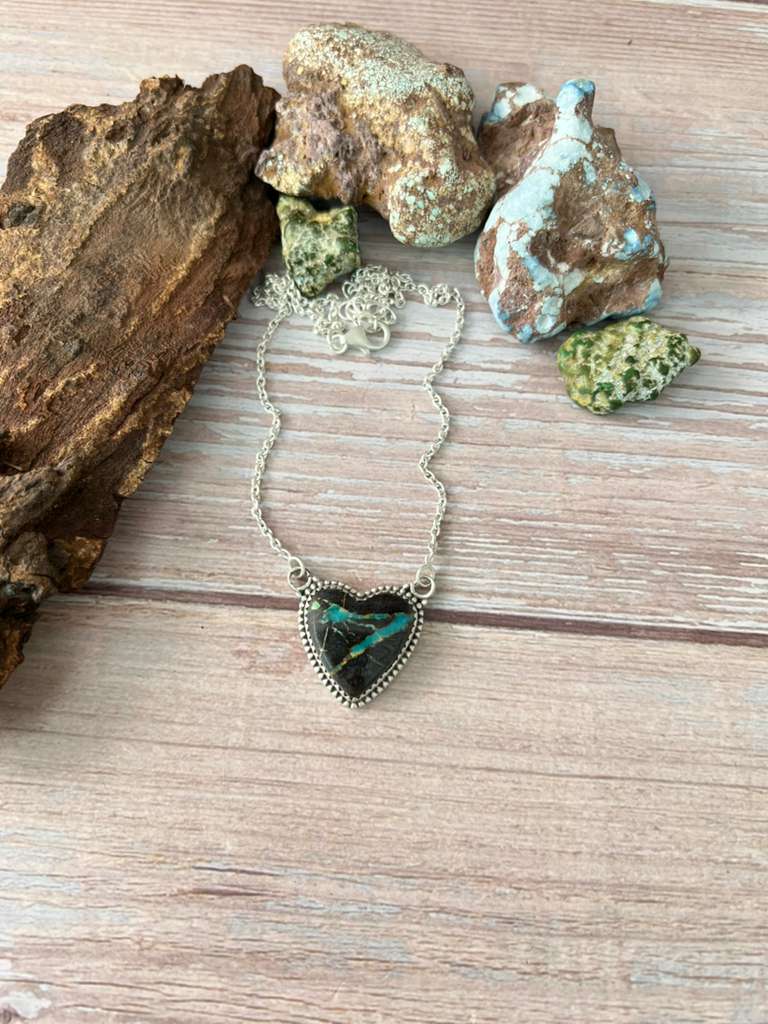 Handmade Sterling Silver Blackjack Turquoise Heart Necklace with Signed Nizhoni (4) Nizhoni Traders LLC