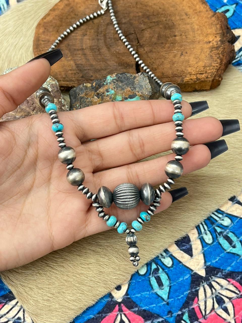 Handmade Sterling Silver Beaded Kingman Turquoise Necklace "Signed Nizhoni" Nizhoni Traders LLC