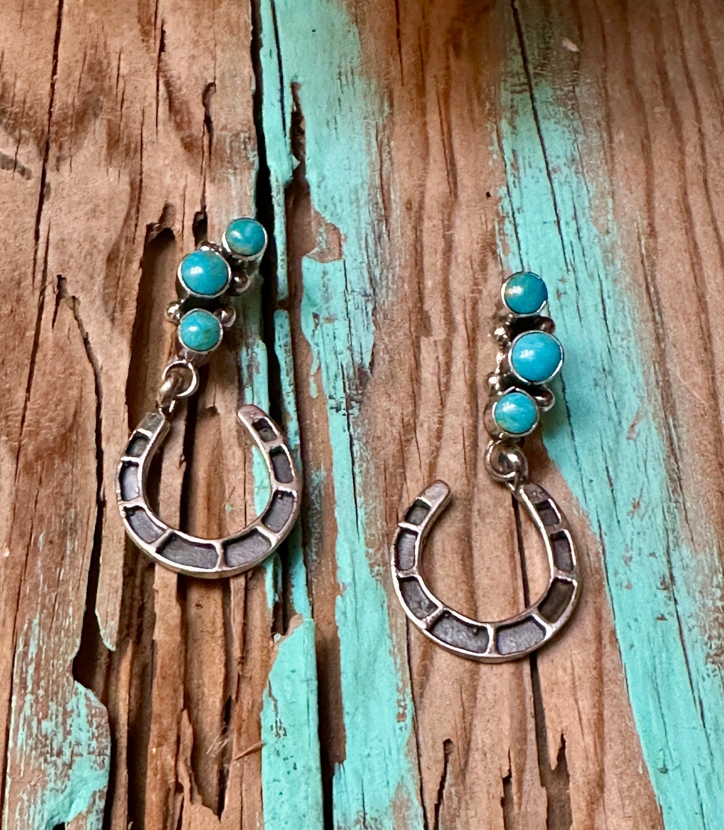 Handcrafted 3 Stone Turquoise & Sterling Silver Horseshoe Earrings Nizhoni Traders LLC