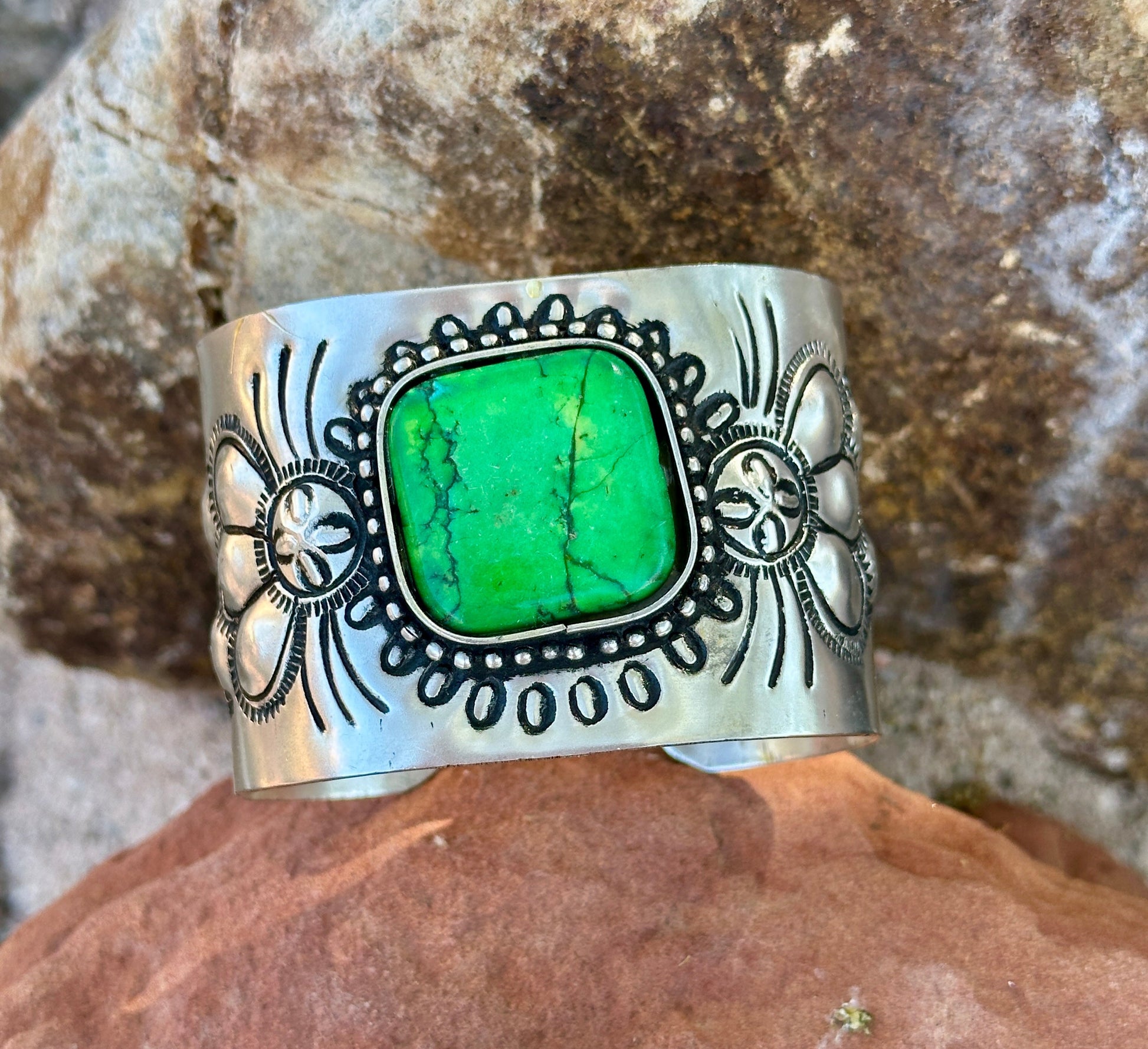Engraved Silver Plated Cuff Bracelet with Green Stone Nizhoni Traders LLC