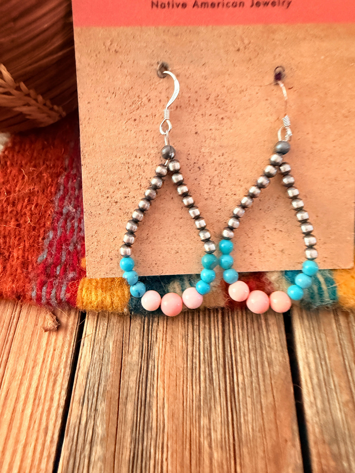 Handcrafted Pink Conch, Turquoise & Sterling Silver Pearl Beaded Dangle Hoop Earrings Nizhoni Traders LLC