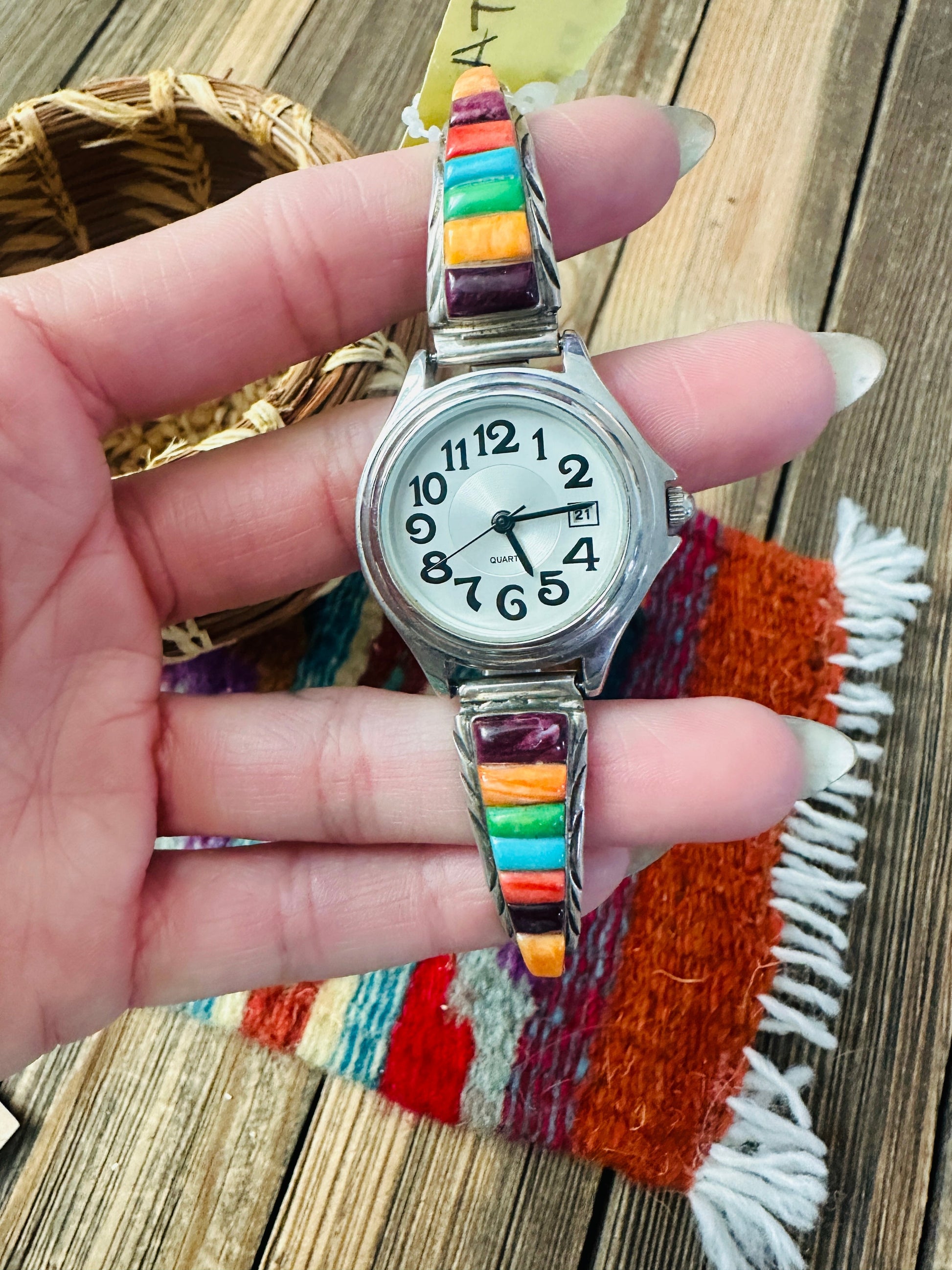 Handcrafted Old Pawn Multi Stone & Sterling Silver Inlay Watch Nizhoni Traders LLC