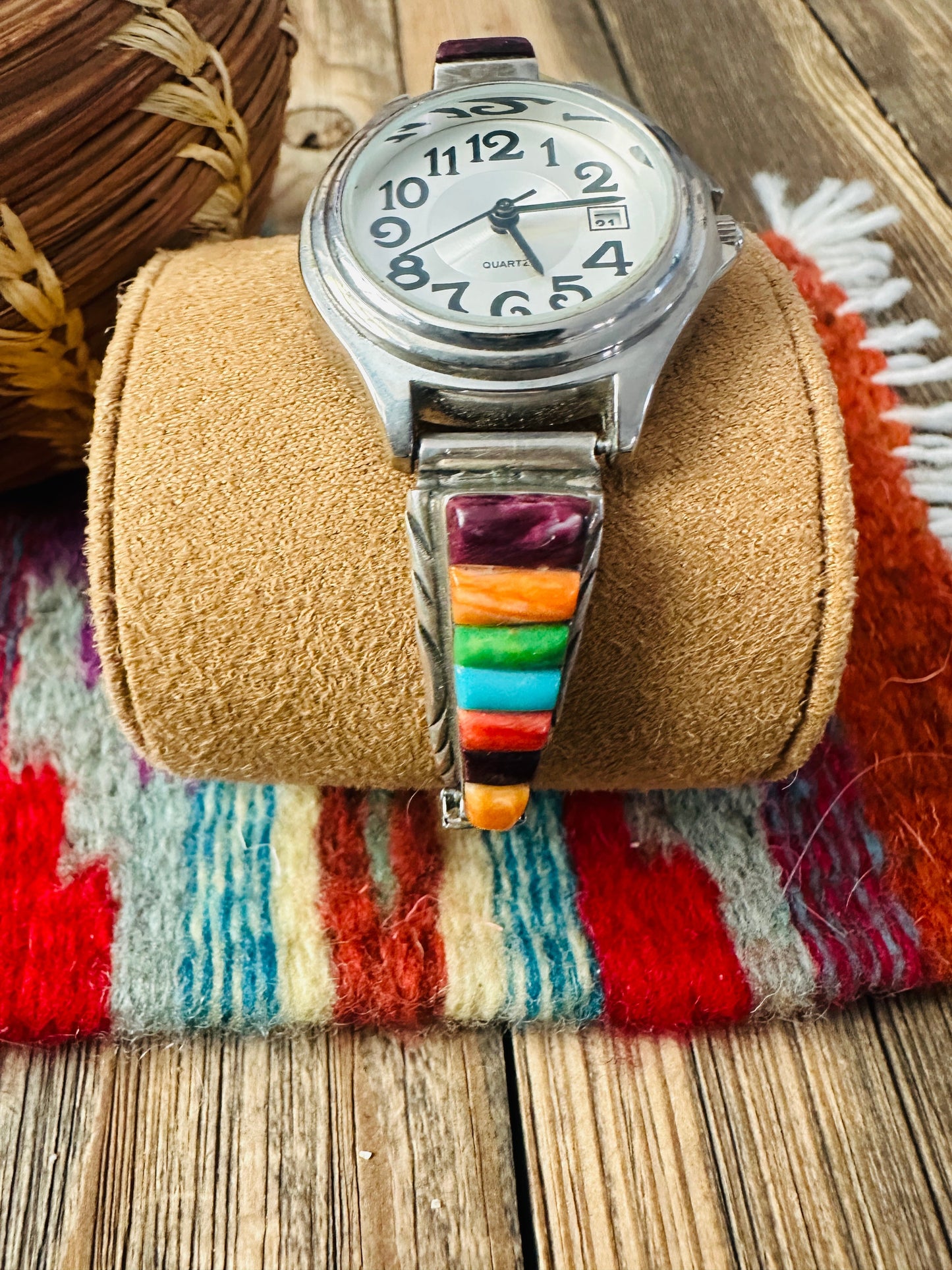 Handcrafted Old Pawn Multi Stone & Sterling Silver Inlay Watch Nizhoni Traders LLC