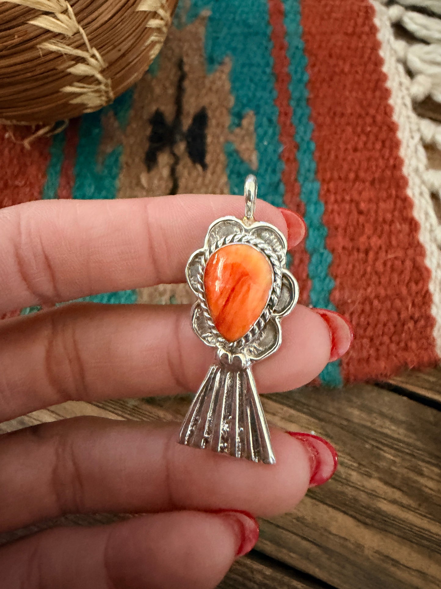 Handcrafted Sterling Silver & Orange Spiny Oyster Blossom Pendant by Joseph Martinez Nizhoni Traders LLC