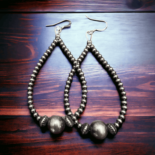 3 mm Sterling Silver Pearls earrings teardrop with 10 mm Cowhide and Conchos