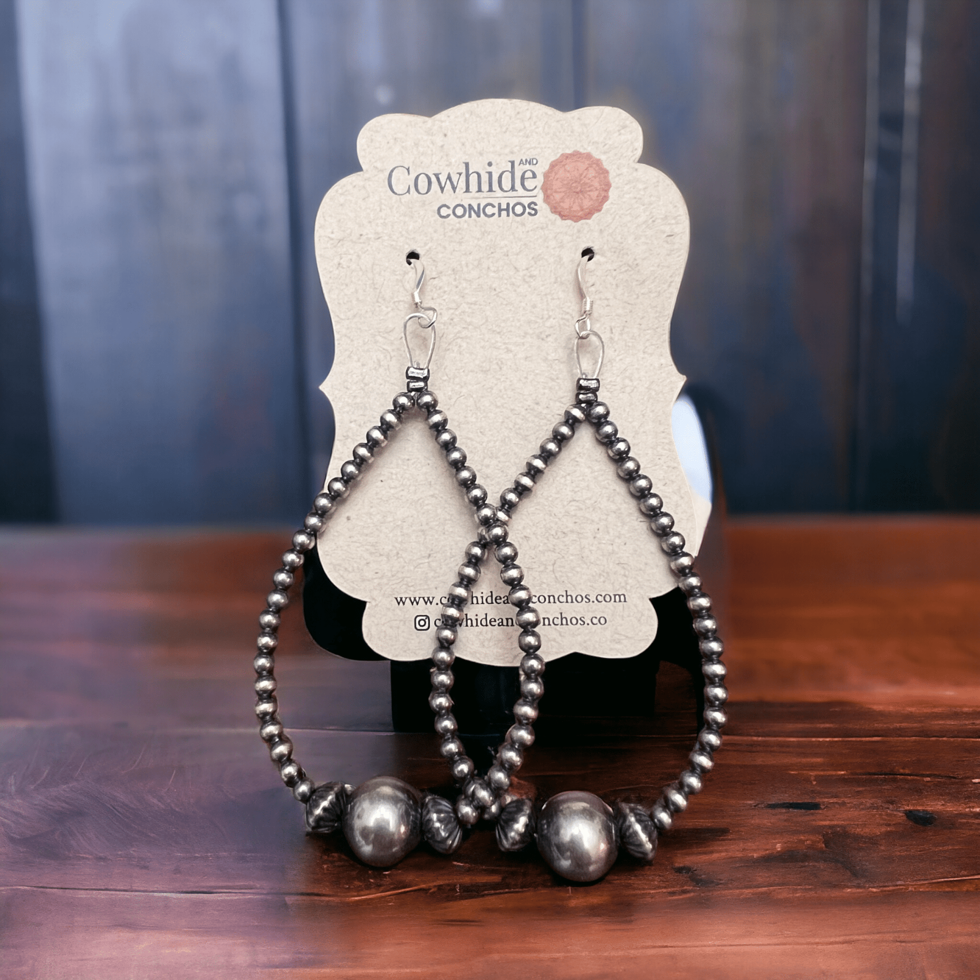3 mm Sterling Silver Pearls earrings teardrop with 10 mm Cowhide and Conchos