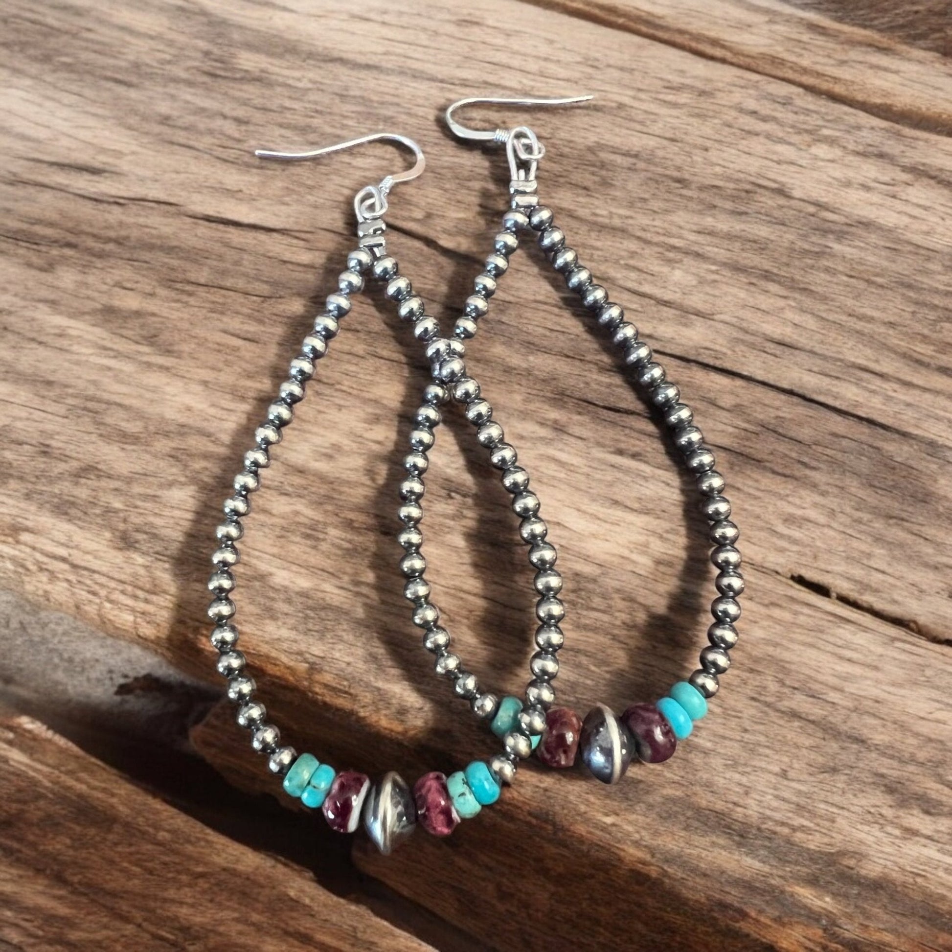 3 mm teardrop earrings Sterling Silver Pearls with Purple Spiny Oyster Cowhide and Conchos