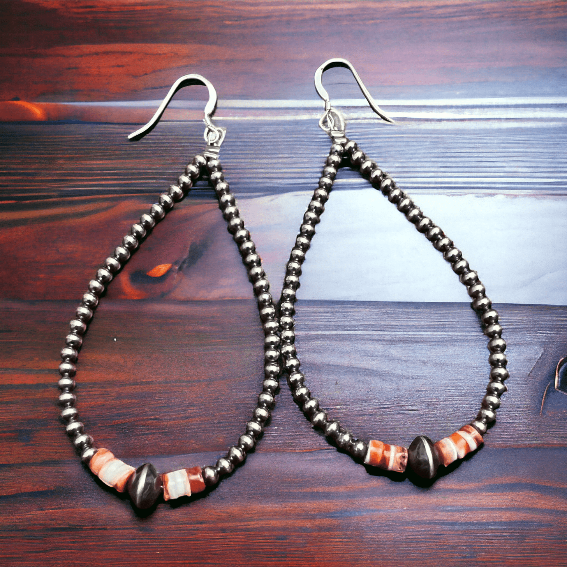 3mm teardrop Sterling Silver Pearls earrings with orange Spiny Oyster - 3 1/4 inch drop Cowhide and Conchos