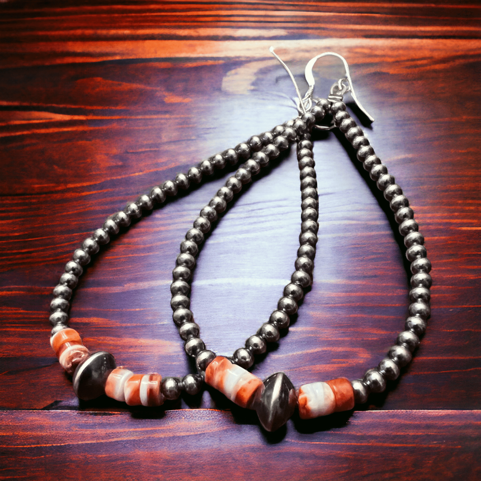 3mm teardrop Sterling Silver Pearls earrings with orange Spiny Oyster - 3 1/4 inch drop Cowhide and Conchos
