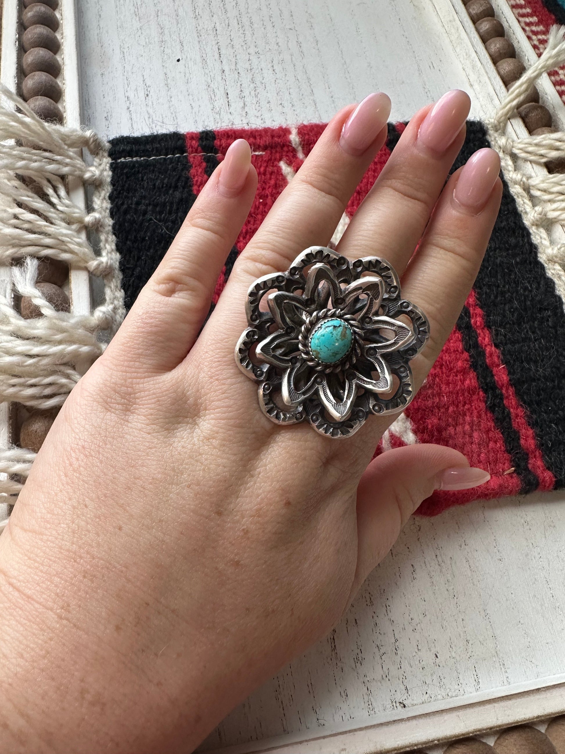 Gorgeous Handcrafted Turquoise And Sterling Silver Adjustable Flower Ring Signed K Billah Nizhoni Traders LLC