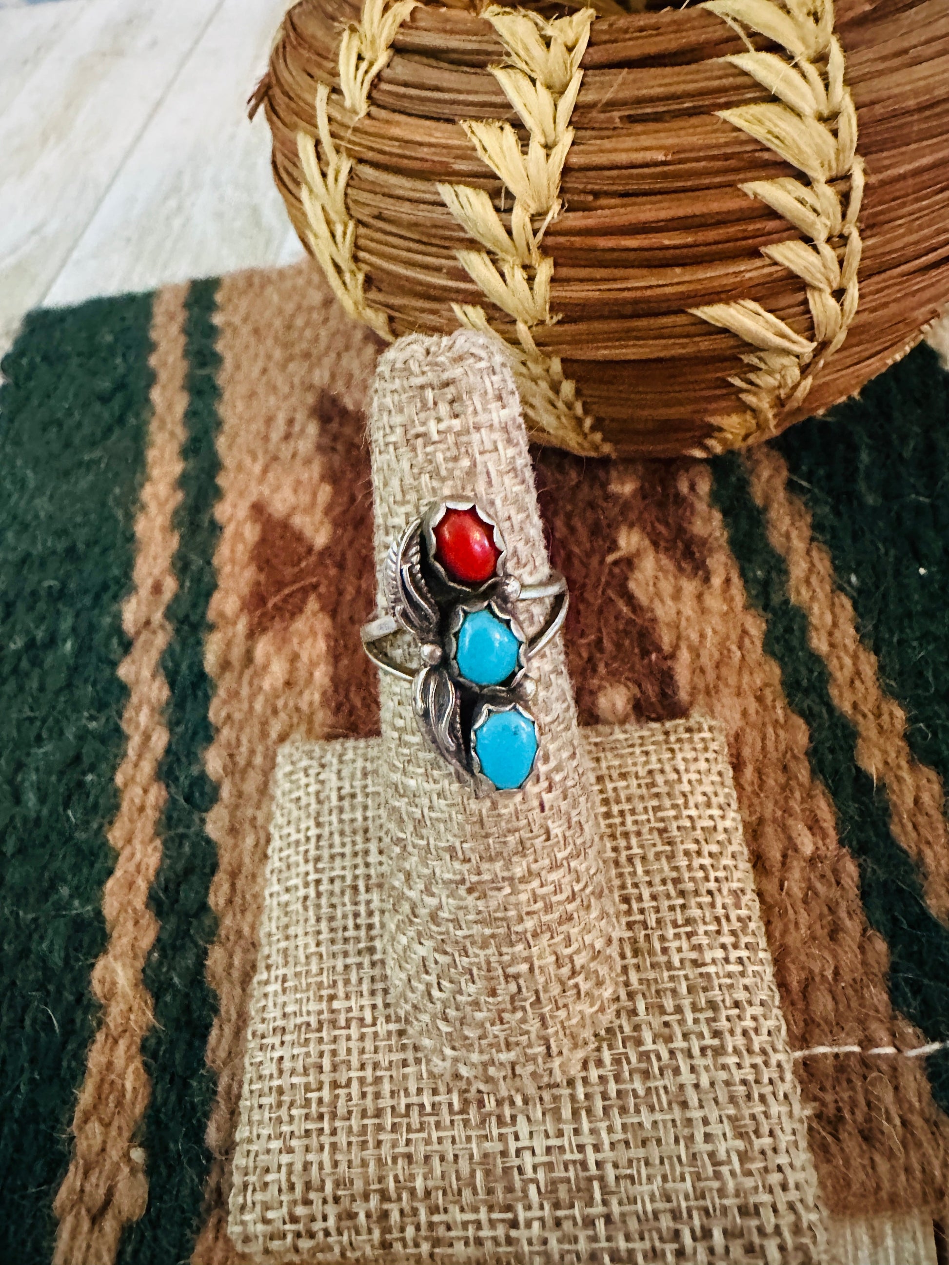 Old Pawn Handcrafted Turquoise, Coral & Sterling Silver Ring Size 5.25 Nizhoni Traders LLC