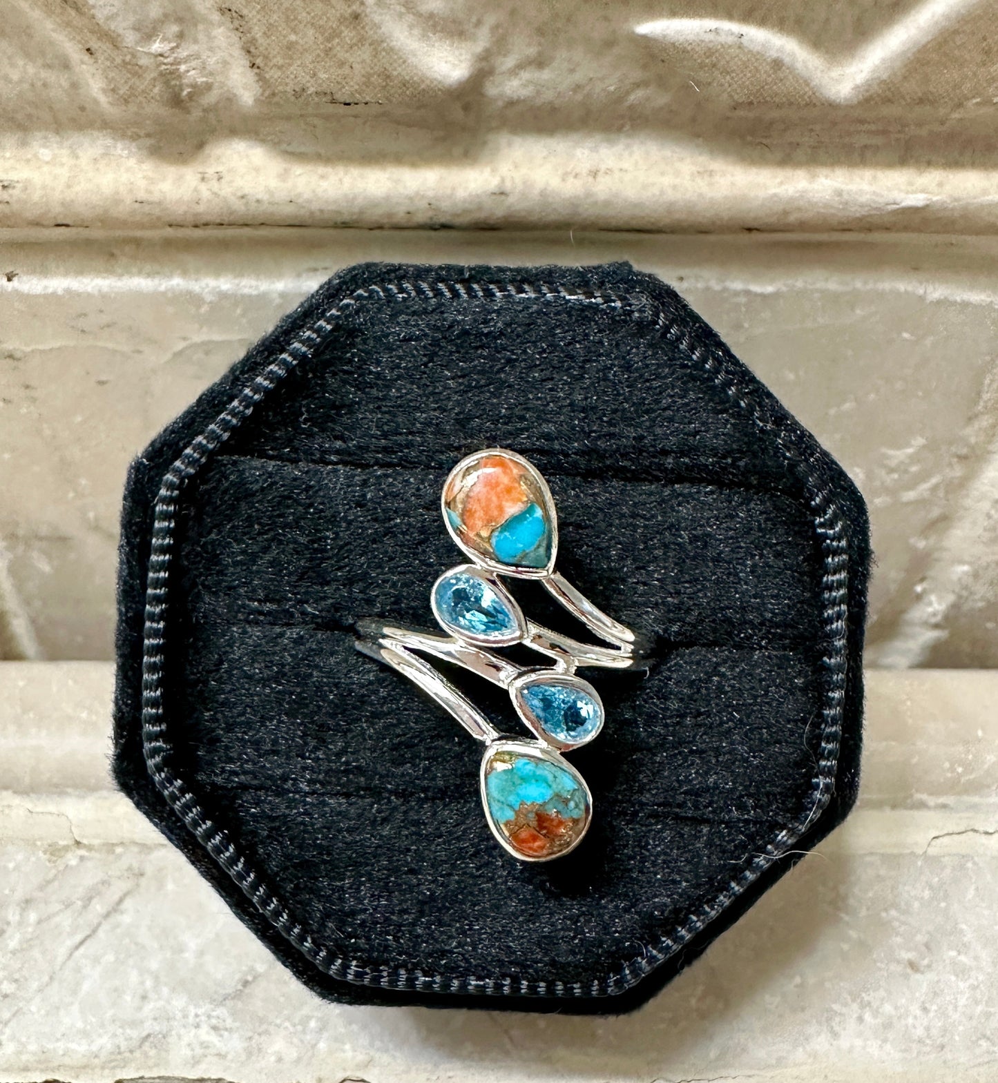 Turquoise, Blue Topaz and Spiny Oyster Sterling Silver Ring Size 7.5 Nizhoni Traders LLC