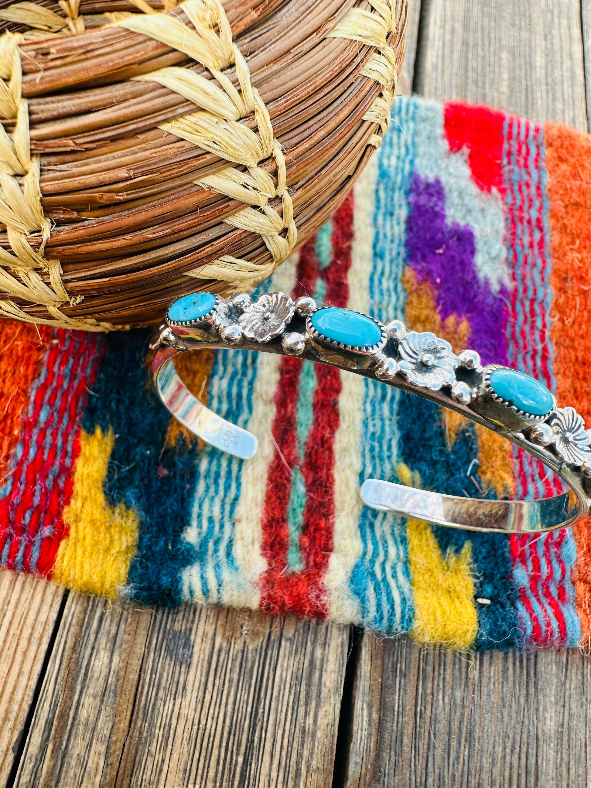 Handcrafted Turquoise & Sterling Silver Flower Stacker Cuff Bracelet Nizhoni Traders LLC