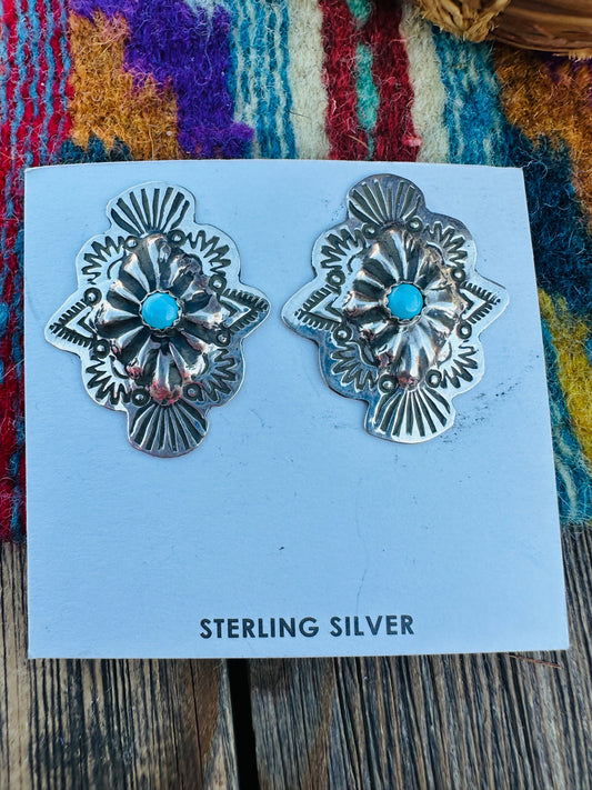 Handcrafted Turquoise & Sterling Silver Concho Post Earrings Nizhoni Traders LLC