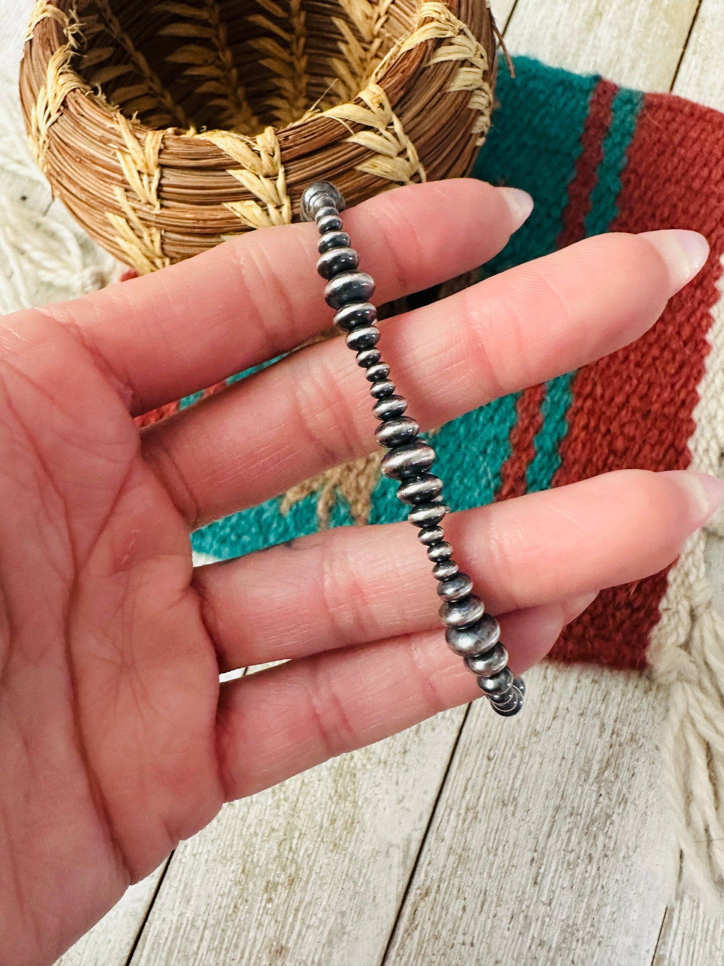 Handcrafted Sterling Silver Stretch Saucer Bead Bracelet Nizhoni Traders LLC