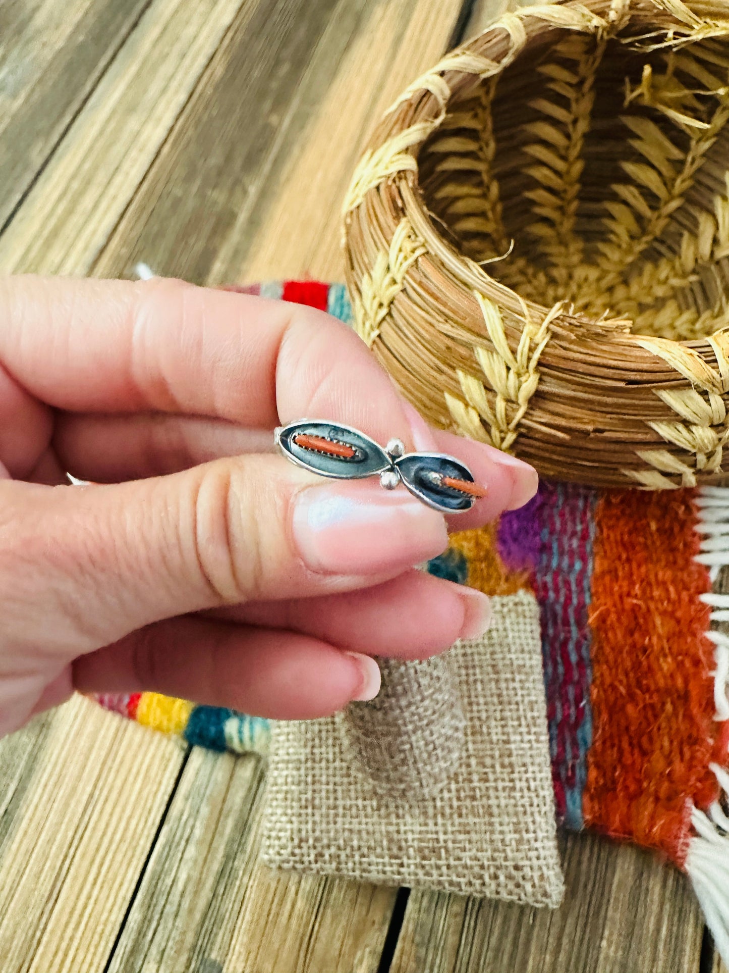 Handcrafted Coral & Sterling Silver Band Ring Size 7.5 Nizhoni Traders LLC