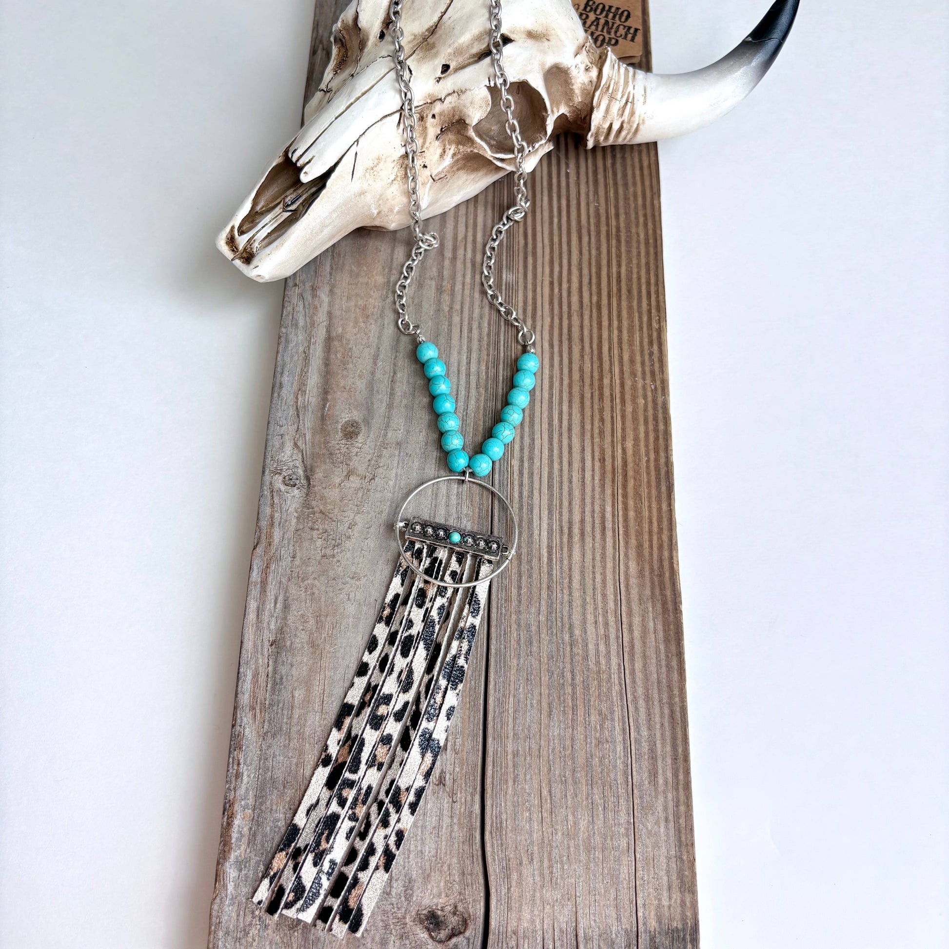 Western Boho Leather Tassel Pendant and Stone Long Necklace Boho Ranch Shop