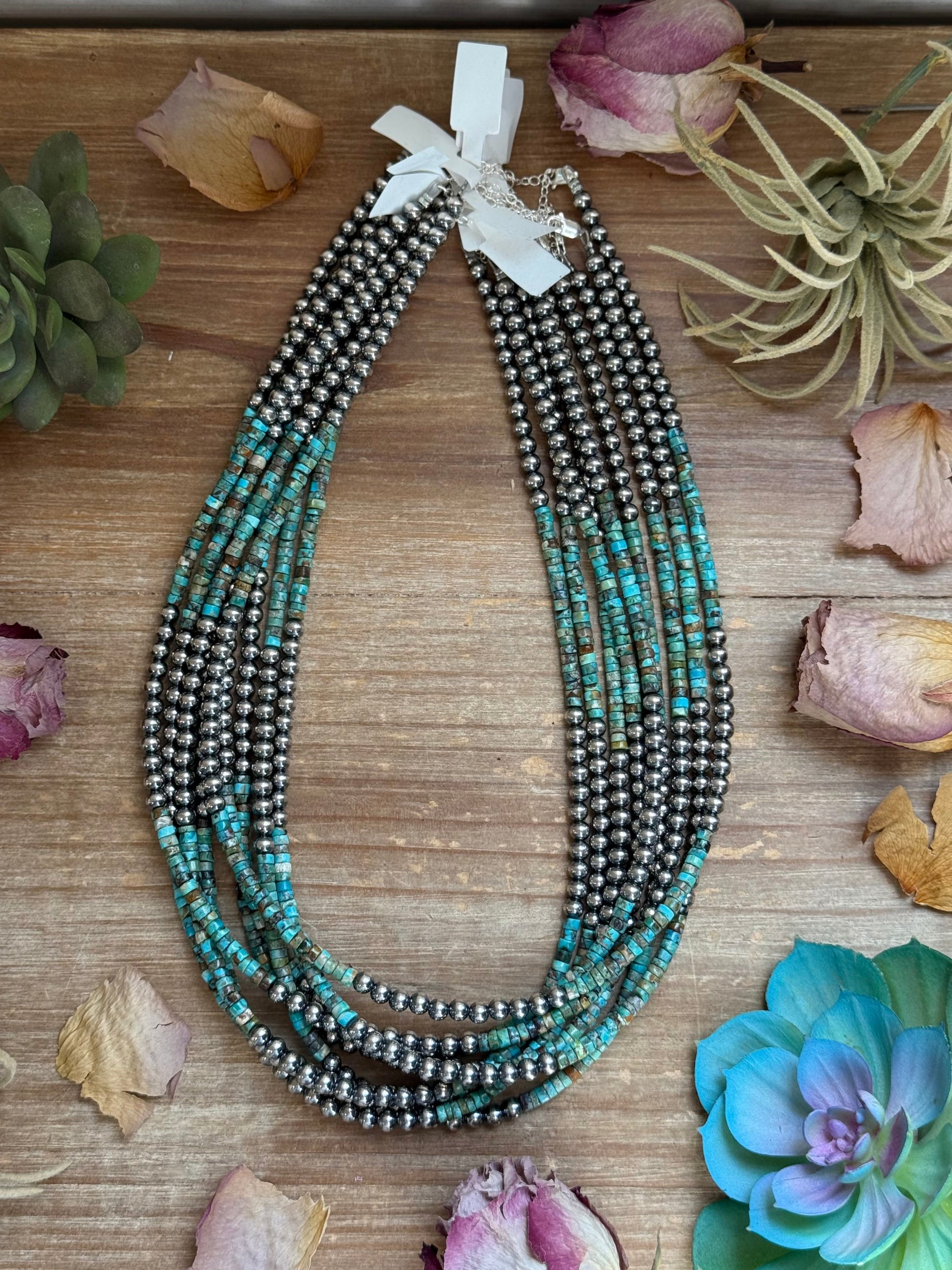 20” Heishi Turquoise Necklace – 4mm Turquoise & 5mm Sterling Silver Pearls The Bijoux FAB Jewelry