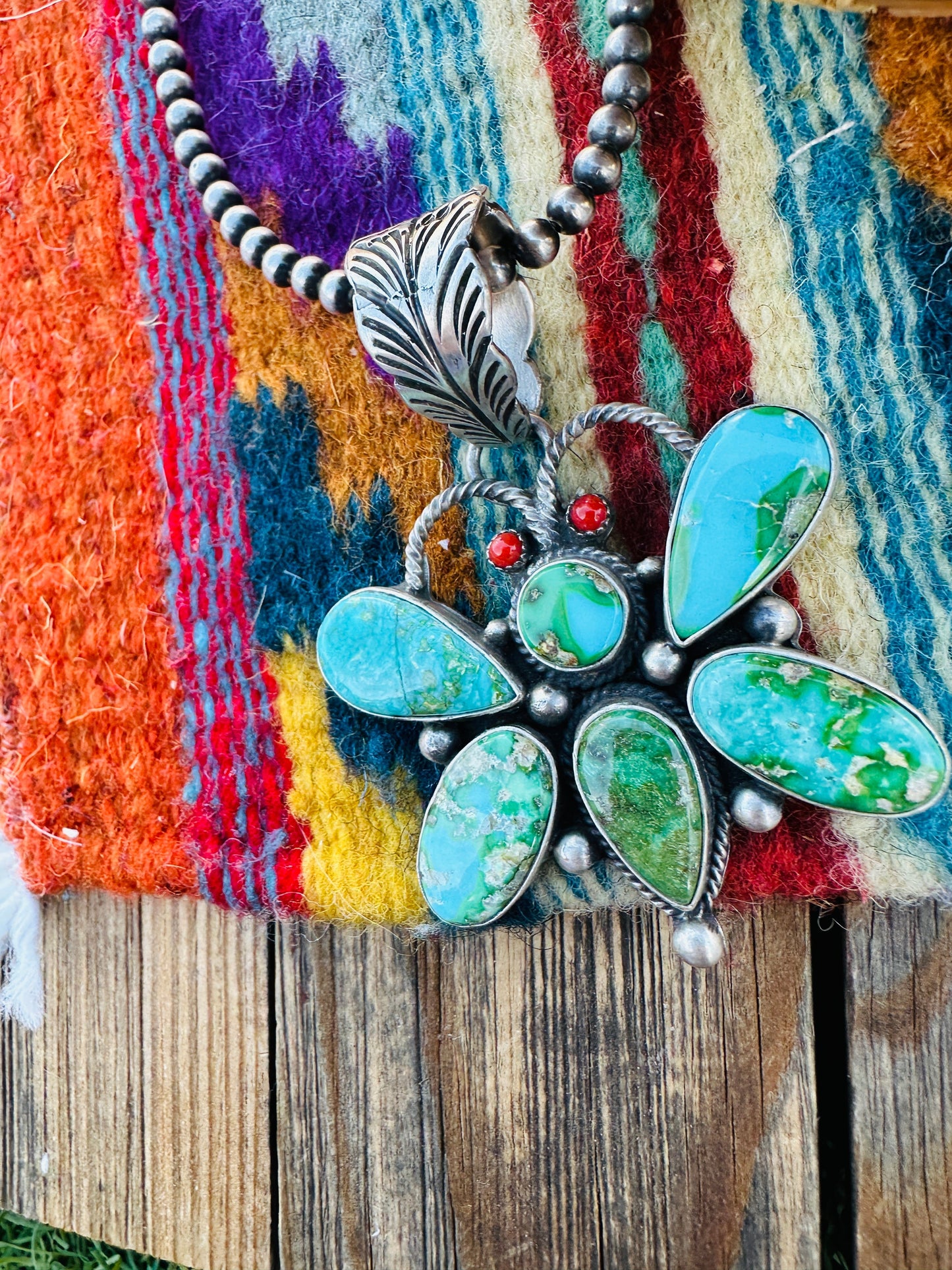 Handcrafted Sterling Silver, Turquoise & Coral Dragonfly Pendant by Emer Thompson Nizhoni Traders LLC