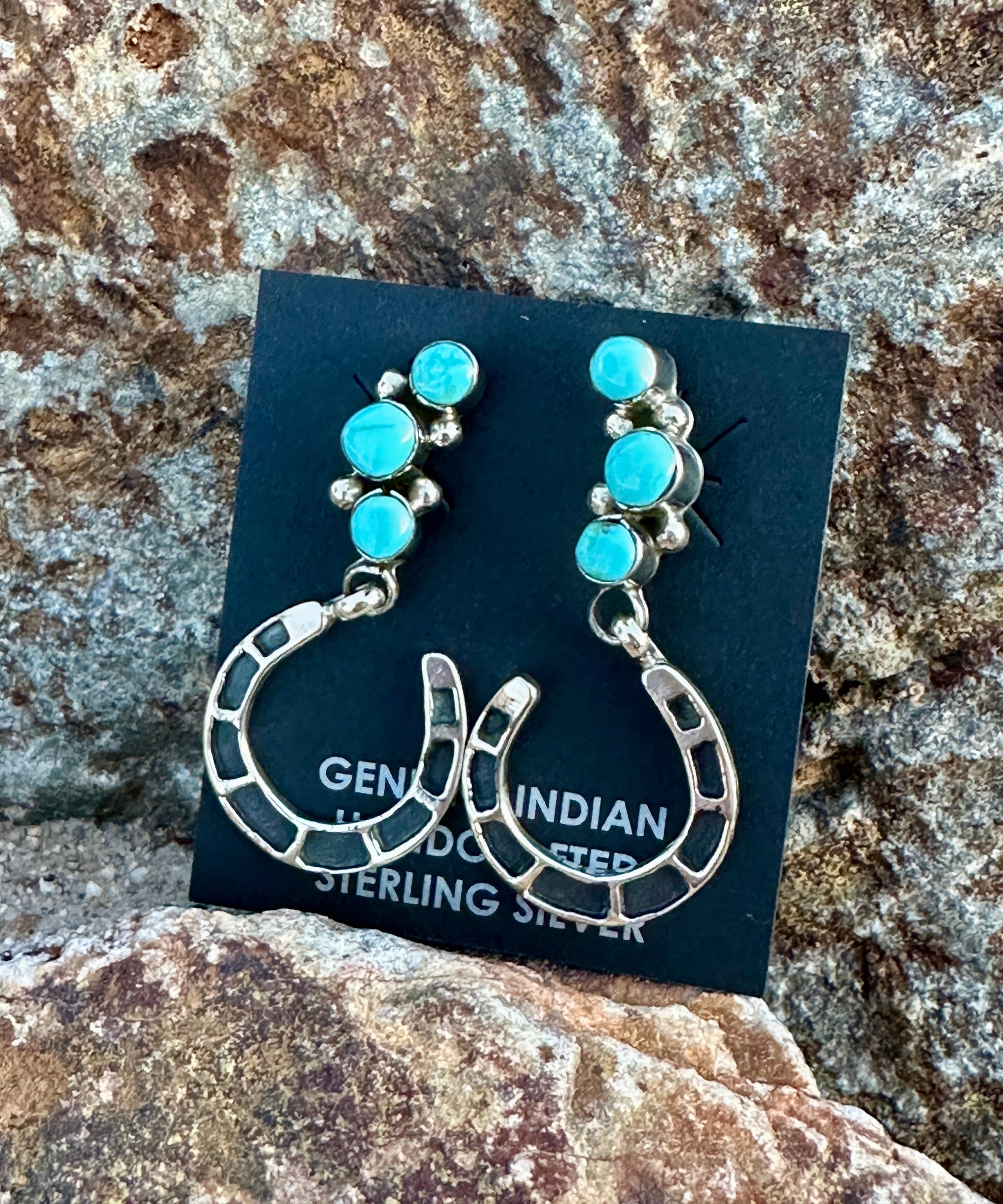 Handcrafted 3 Stone Turquoise & Sterling Silver Horseshoe Earrings Nizhoni Traders LLC