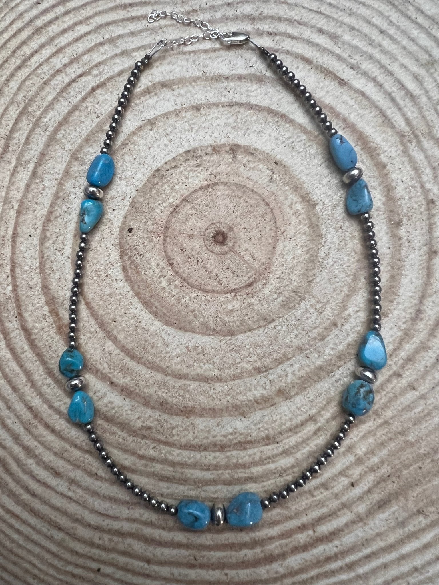 3mm sterling silver pearls choker with  Blue Turquoise - 14 inch Cowhide and Conchos