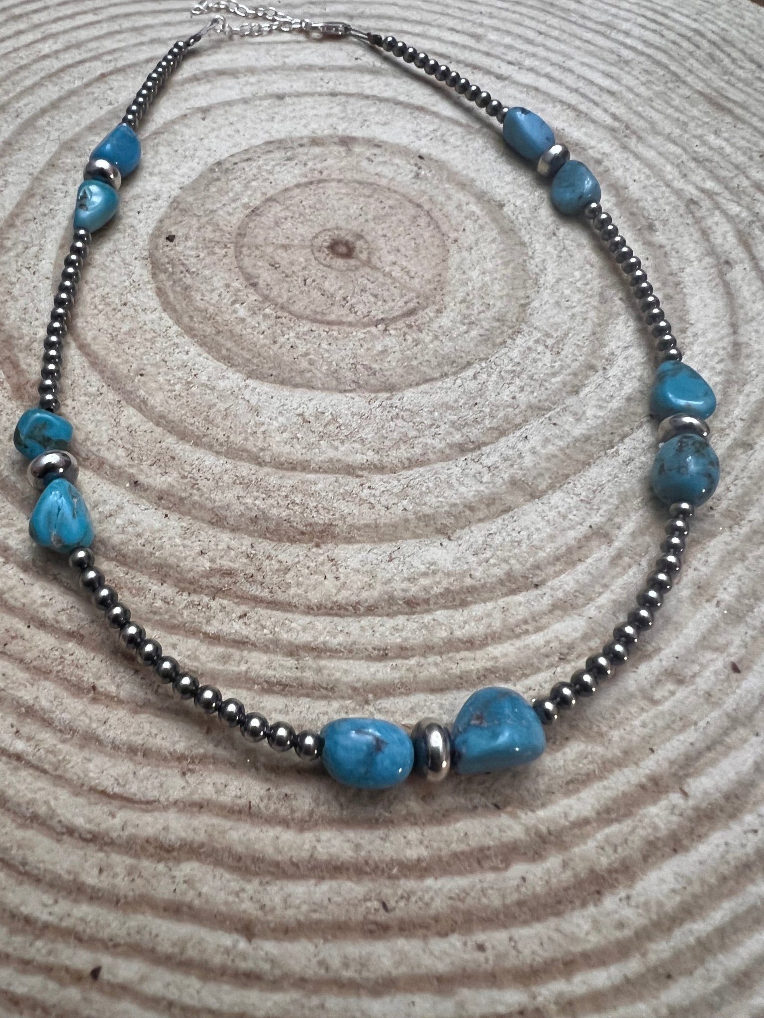 3mm sterling silver pearls choker with  Blue Turquoise - 14 inch Cowhide and Conchos