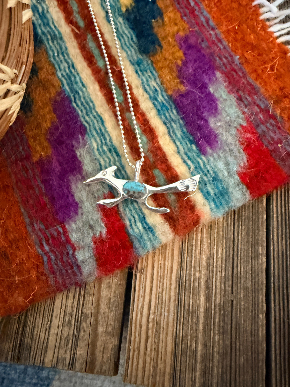 Handcrafted Sterling Silver & Turquoise Road Runner Pendant by Joseph Martinez Nizhoni Traders LLC