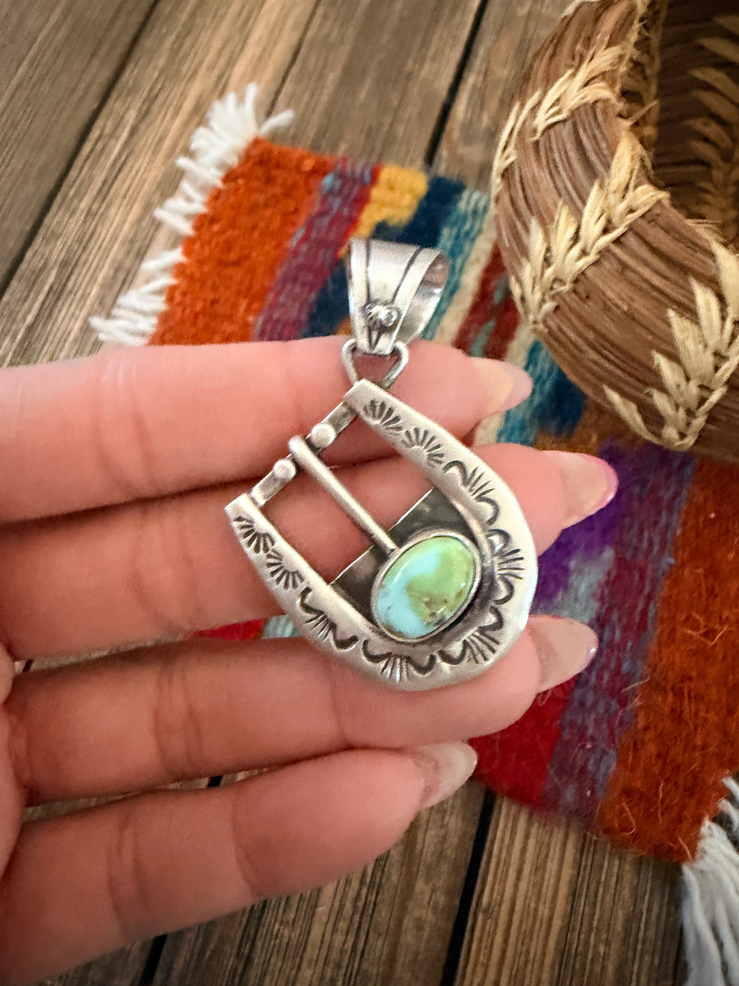 Handcrafted Sterling Silver & Turquoise Belt Buckle Pendant by Leroy James Nizhoni Traders LLC