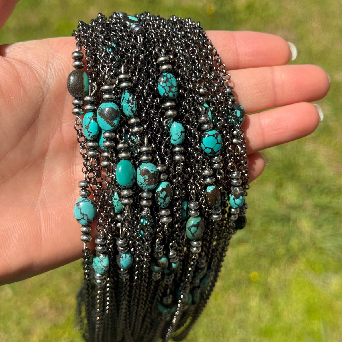 Dark Turquoise Center & Sterling Saucer Pearl Necklace 16” The Bijoux FAB Jewelry