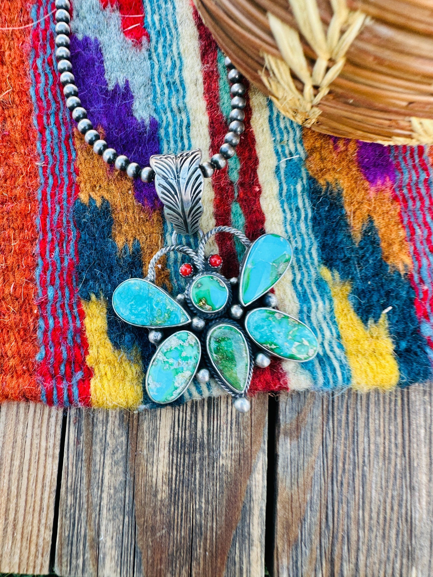 Handcrafted Sterling Silver, Turquoise & Coral Dragonfly Pendant by Emer Thompson Nizhoni Traders LLC